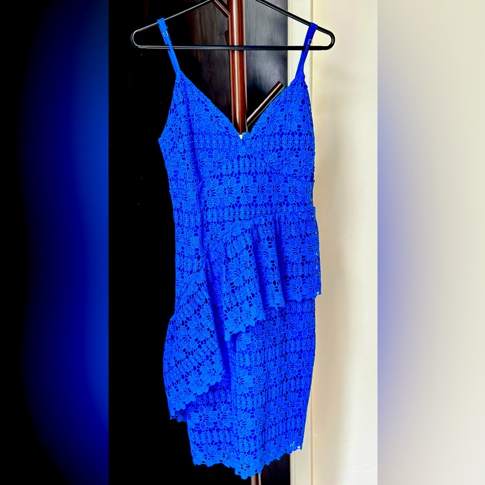 Lulus bright blue peplum lace dress.